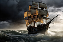 A Pirate Ship Sails Through A Violent Storm, Waves Crashing Onto The Deck As The Crew Fights To Maintain Control