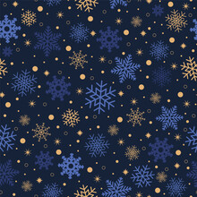 Modern Winter Decor, Christmas Star. Festive Seamless Beautiful Pattern For Gift Wrapping Paper, Fabric, Clothing, Textile, Surface Textures, Scrapbook. Blue And Gold Snowflakes On A Blue Background. 