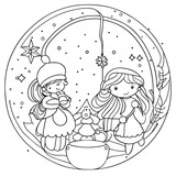 Fototapeta Dinusie - children book cute Christmas theme coloring page with snowfall and tree