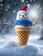 Bonhomme de neige souriant dans un cornet de glace, humour de Noël drôle et insolite - IA générative