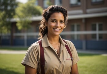 Wall Mural - Bussines brunette women school janitor smiling wearing janitor outfit with schoolyard in the Background, crossed hand confident