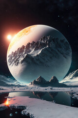 Wall Mural - Alien planet landscape with gigantic full moon and stars in the sky