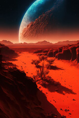 Wall Mural - Awe-inspiring landscape of red planet, fantastical terrain complete with jagged mountains and craggy rocks