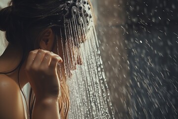Poster - A woman standing under a shower head. This image can be used to depict personal hygiene or self-care routines.