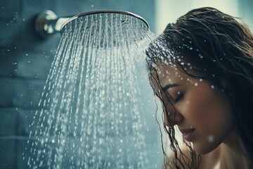 Sticker - A woman is shown taking a shower in the bathroom. This image can be used to depict personal hygiene and self-care.