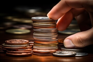 Wall Mural - A person carefully places a coin on top of a stack of coins. This image captures the concept of building a tower of coins, symbolizing financial growth and investment opportunities. Ideal for business