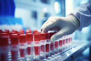Poster - A lab technician in a lab coat and gloves is carefully placing a vial into a row of test tubes. This image can be used to illustrate scientific research, laboratory experiments, medical testing, or ph