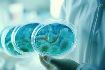Poster - A person in a lab coat is holding a petri dish. This image can be used to depict scientific research, laboratory experiments, or medical testing.