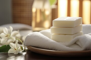 Poster - A stack of soap bars sitting on top of a plate. This image can be used to showcase hygiene, cleanliness, or beauty products.
