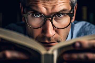 Poster - A man wearing glasses is engrossed in reading a book. This image can be used to depict education, knowledge, or leisure activities.