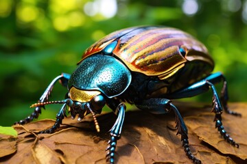 Aufkleber - A detailed close-up photograph of a beetle resting on a leaf. This image captures the intricate patterns and colors of the beetle's body. Perfect for nature enthusiasts or educational materials about 