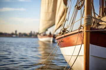 Poster - A sailboat is docked in a body of water. This image can be used to depict a peaceful coastal scene or as a metaphor for relaxation and leisure activities near the water.