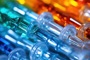 Poster - A detailed close-up view of a collection of glass vials. Ideal for scientific research, pharmaceuticals, or chemistry-related concepts.