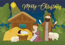 Shepherds Greet Jesus Background Concept With People Scene In The Flat Cartoon Design. Shepherds Gathered Around The Newborn Jesus On Christmas Night. Vector Illustration.