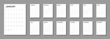 Set Of Monthly Pages Calendar Planner Templates 2024. Vector Layout Of A Vertical Simple Calendar With Week Start Monday. Calendar Grid In Black Color For Print. Pages For Size A4 Or 21x29.7 Cm