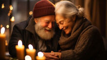 An Elderly Couple Sharing A Warm Embrace While Lighting The Hanukkah Candles, Celebrating Their Enduring Love