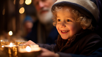 Wall Mural - A child receiving a gift during Hanukkah, their eyes sparkling with joy and anticipation