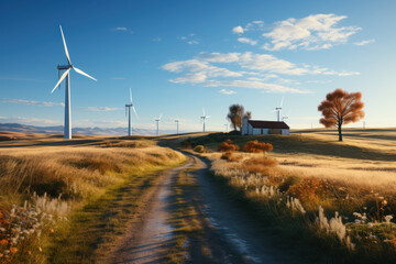 Wind farm of a power plant on background of autumn landscape of nature