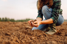 Close-up Of Female Farmer's Hands Holding Compost, Fertile Black Soil To Test The Quality And Health Of The Soil Before Sowing. Nature, Gardening Concept.