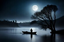 A Chilling Halloween Moonlit Lake, With Still Waters Reflecting The Silhouettes Of Twisted Trees, A Solitary Boat Drifting In The Distance