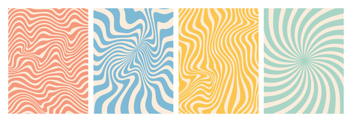 Vector set of groovy hippie 70s backgrounds. swirl, twirl pattern, waves. Y2k aesthetic. Social Media Stories Template, distorted and Twisted vector texture in trendy retro psychedelic style. 