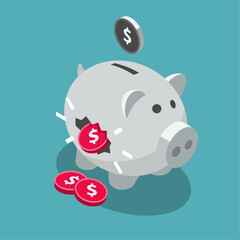 Poster - Investment scam symbol with a fake piggy bank and stolen coins. Flat design, easy to use for your website or presentation.