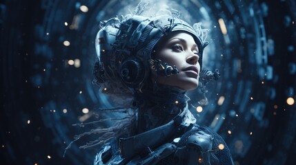 Portrait of a robot girl in a futuristic style. Earth sphere around the girl. Project map of the earth and fragments