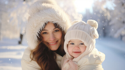 Wall Mural - a bright day happy family mother and baby is happy snow on winter walk - Generative AI