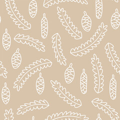 Wall Mural - Vector seamless pattern with spruce branches and cones. Cute Christmas design for wrapping paper, textile, wallpaper and backgrounds.