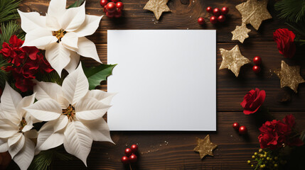 Wall Mural - a white square piece of paper on a table decorated for christmas, poinsettias, snow - Generative AI