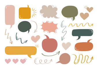 Wall Mural - Super set different shape colorful bubbles, hearts and arrows drawn by hand. Collection of speech bubble, chat bubble or dialog boxes drawn in pastel color. Vector graphic design