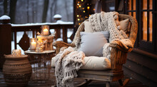Pinecone Wreath Hanging On Cabin Door Rocking Chair On Porch With Christmas Blanket Draped Over It Browns And Beige And White Snowing In Background - Generative AI