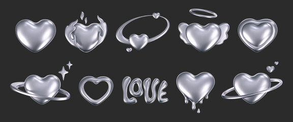 Wall Mural - 3d chrome hearts in y2k style isolated on dark background. render 3d silver hearts with galaxy plane