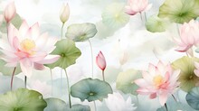 Water Lily And Lotus Flower Background. Seamless Floral Pattern With Lotuses On Light Background, Watercolor. Template Design For Textiles, Interior, Wallpaper. Botanical Art.