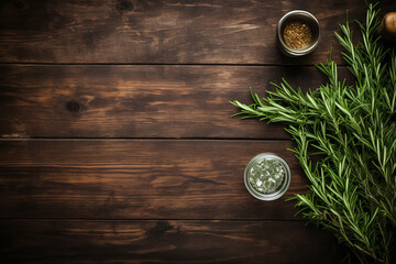 Wall Mural - Beautiful wooden background or table with green rosemary and spices with space for product, text or inscriptions.generative ai
