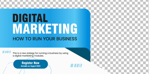 Wall Mural - Digital Marketing media post banner template. Style of banner design with blue color ribbon decoration and place for the photo