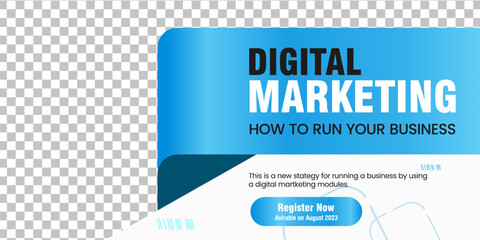 Wall Mural - Style of banner design with blue color ribbon decoration and place for the photo, Digital Marketing media post banner template