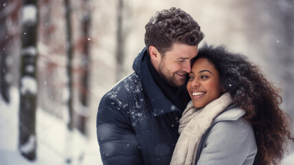 Wall Mural - Young couple enjoying life outdoors in winter. Beautiful woman and handsome man smiling and hugging each other. There is romance in the air. Blurry background.