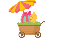 A Cute Chick Is Sitting In A Small Wheelbarrow.