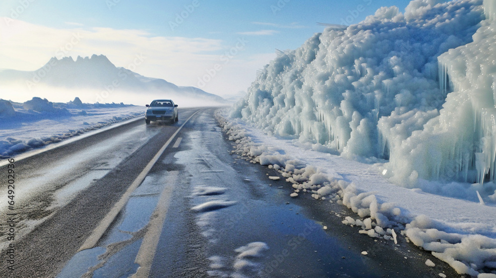 hazardous road conditions due to Icy snow Winter Weather, car after ...