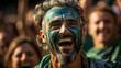 Vibrant Saudi soccer fan with face paint, cheering amidst sea of fans portraying unity, excitement and passion. Manifestation of loyalty, national pride and celebration.