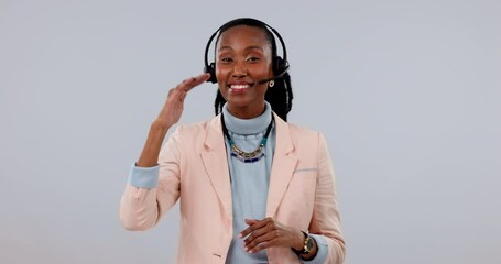 Poster - Callcenter, black woman and phone call with communication, CRM and contact us in studio with telecom and headset. Advice, help desk and info with mockup space, customer service on white background