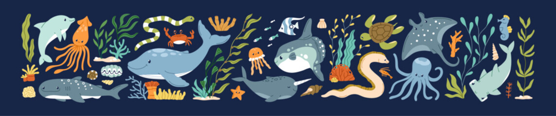 Wall Mural - Cute sea animals set. Ocean fishes, algae, underwater plants. Happy marine fauna characters, narwhal, dolphin, jellyfish, octopus. Kawaii undersea mammals. Isolated flat graphic vector illustrations