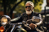 Fototapeta  - A senior hipster, aged around 72, wearing a vintage leather motorcycle jacket and aviator sunglasses, straddling a retro motorcycle in an urban environment. Generative Ai