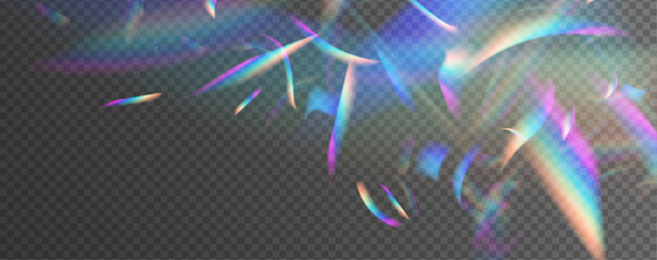 Wall Mural - Crystal and jewelry, prism, glare. Rainbow glowing glitter vector set. Defocused abstract multicolored retro film lens flare bokeh analog photo overlay or screen filter effect.