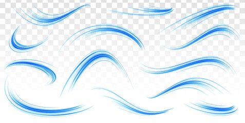Wall Mural - Wavy transparent curved lines in the form of the movement of sound waves in a set of different shapes of whirlpool, twist, spiral. Light arc in blue colors, in the form of a turn and a zigzag.