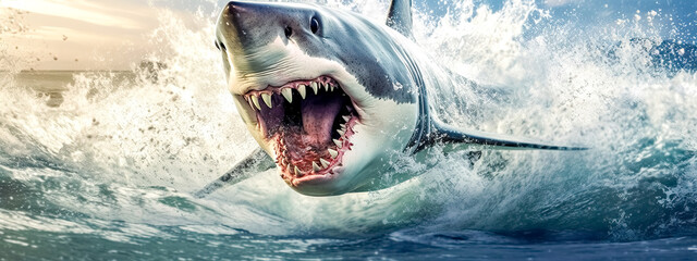 Wall Mural - attack of a great white shark above the water surface of the ocean, banner