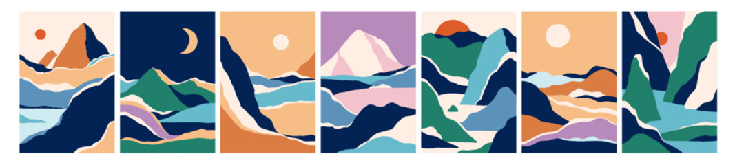 Abstract landscapes, travel cards set. Nature sceneries, vertical backgrounds. Mountain and sea pattern, sun and moon, interior posters designs in modern trendy style. Flat vector illustrations