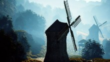 Countryside Landscape With Old Windmill Among Hills