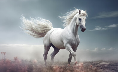 Wall Mural - white horse in the field. Generative Ai